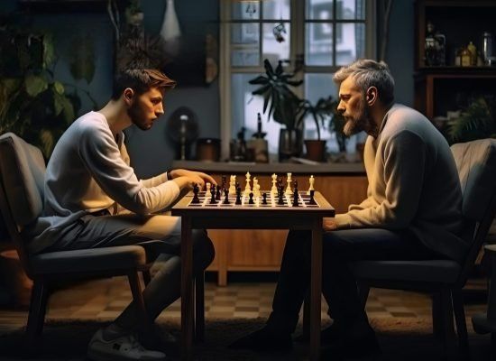 Two men playing chess at a small table indoors, facing each other intently.