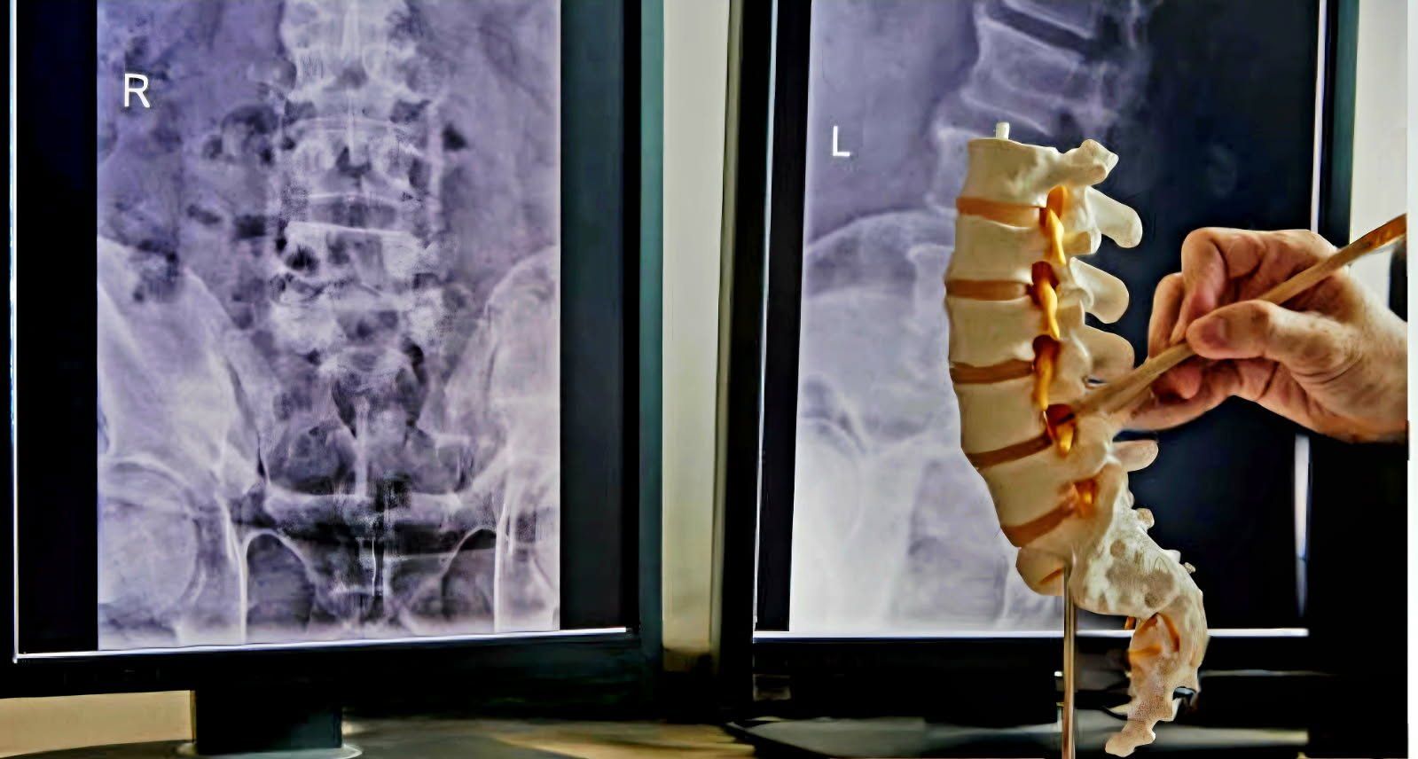Practitioner pointing to a spine model beside spinal X-ray images