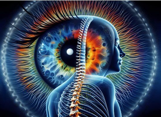 Human figure merged with an eye, with a visible spine against a colorful cosmic background.