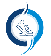Blue logo with a running shoe inside a circle.