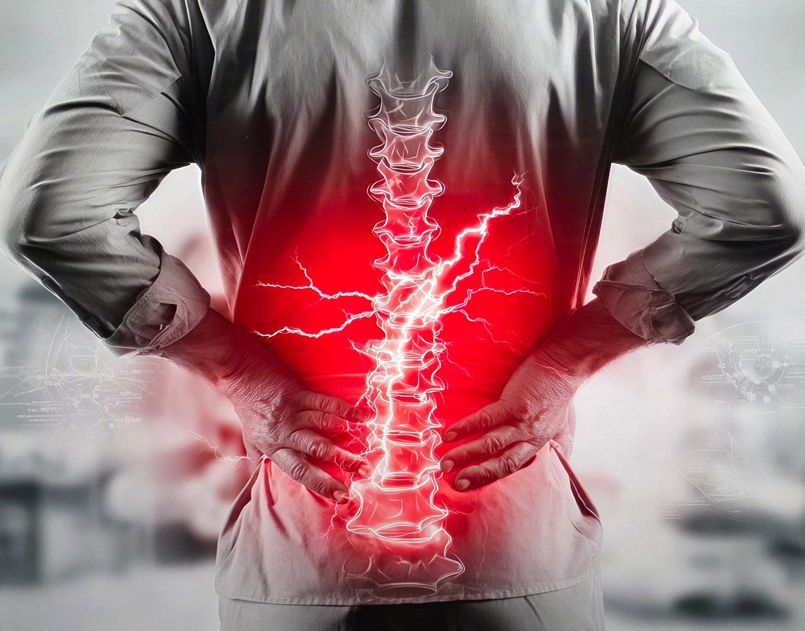 Illustration of a person holding their lower back with the lumbar spine highlighted