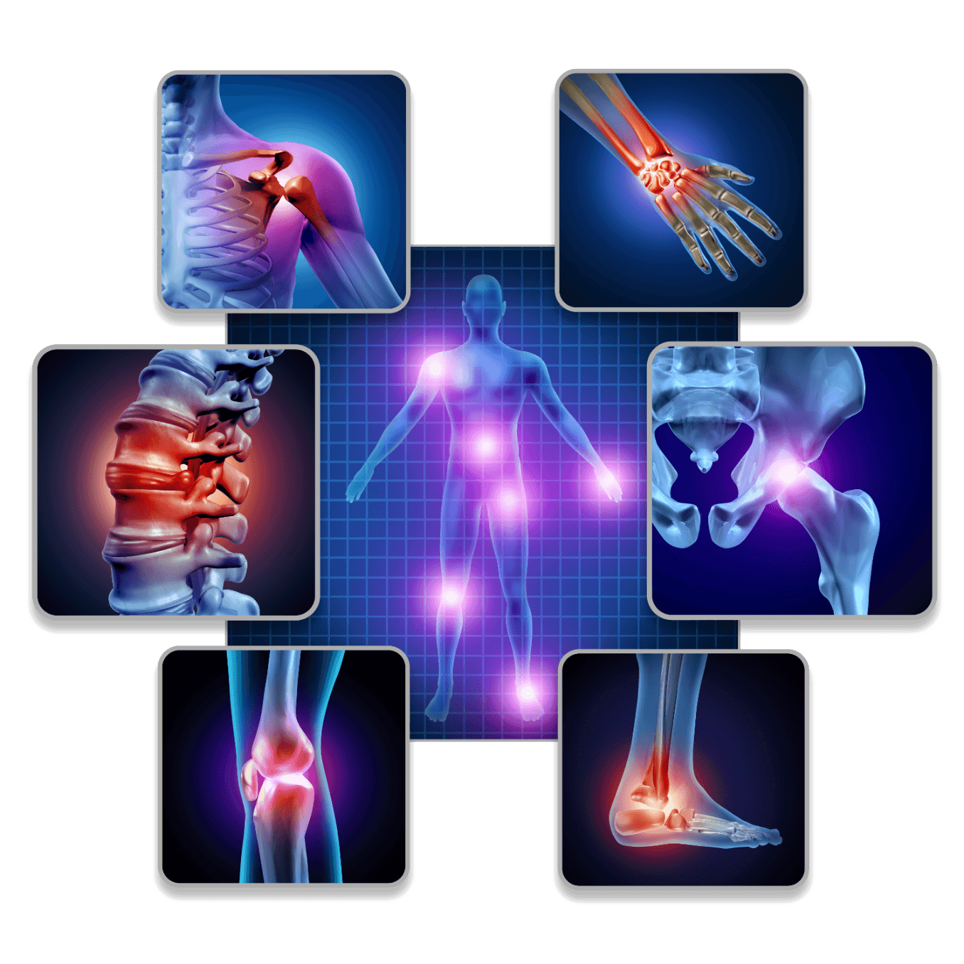 Illustrations of shoulder, wrist, back, hip, knee and foot pain