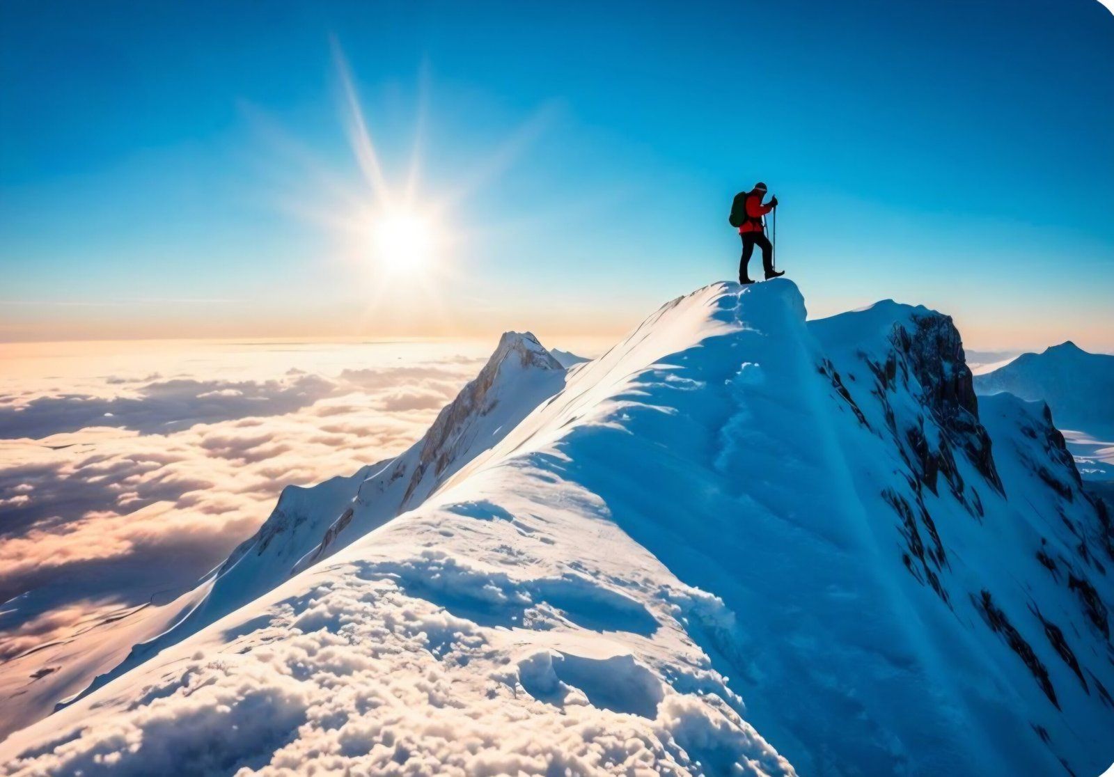 Mountaineer standing on a snowy mountain peak, with sunlight above the clouds.